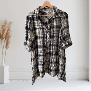Khakis & Co. Plaid Tunic‎ Popover Shirt Blouse Top Size S Rayon Black Beige